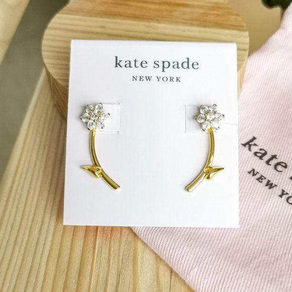 Myosotis Flower Gold Ear Jacket Earrings (Clear)